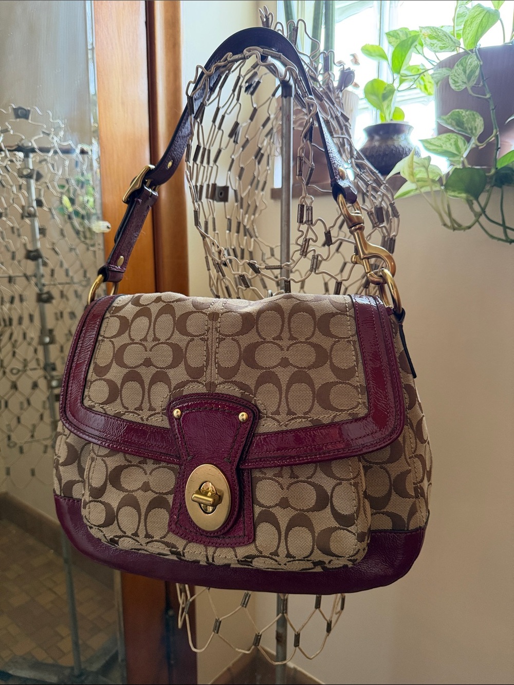 Vintage Coach Legacy Ali Flap Signature Canvas and Purple Patent Trim Bag